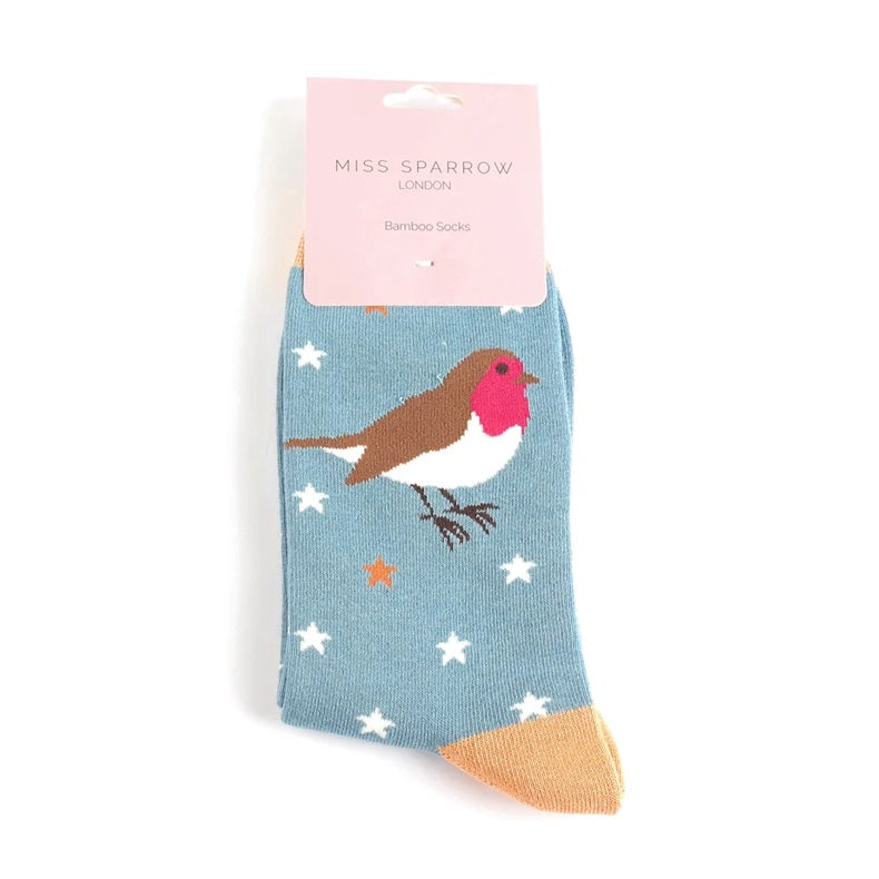 Festive Robins Socks Denim