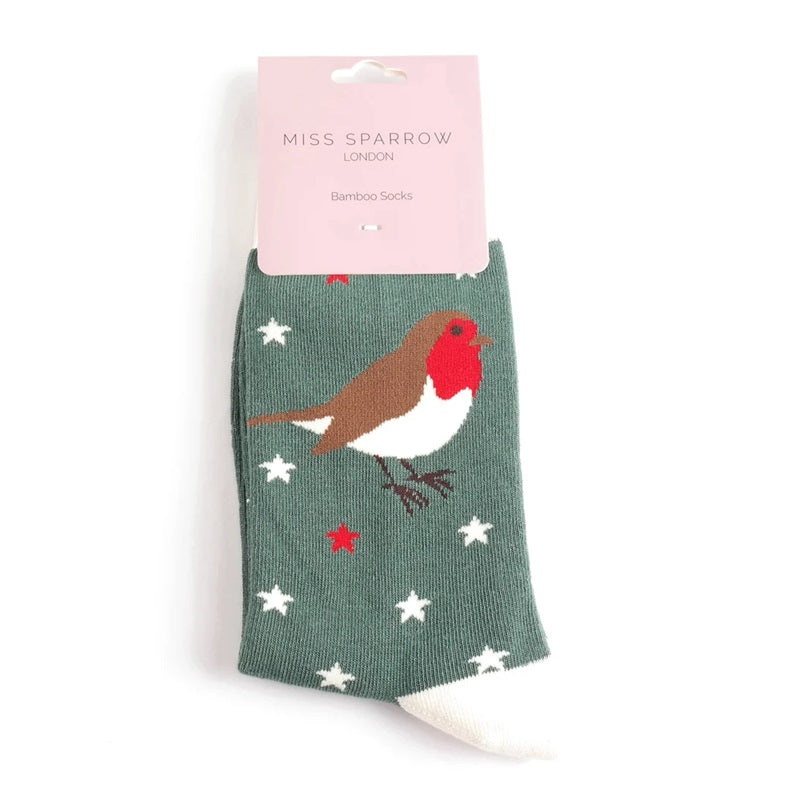 Festive Robins Socks Green