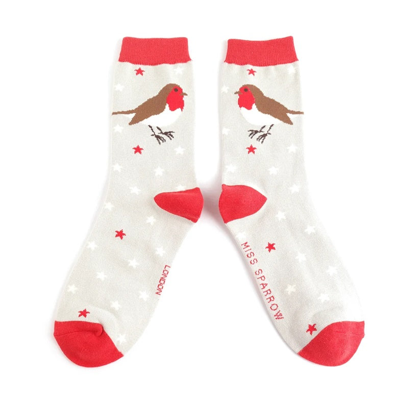 Festive Robins Socks Silver