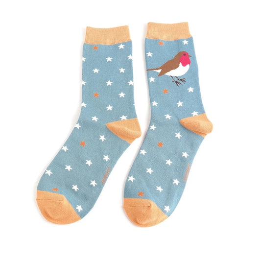 Festive Robins Socks Denim