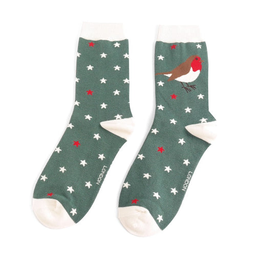 Festive Robins Socks Green