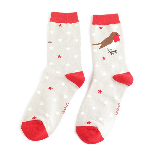 Festive Robins Socks Silver